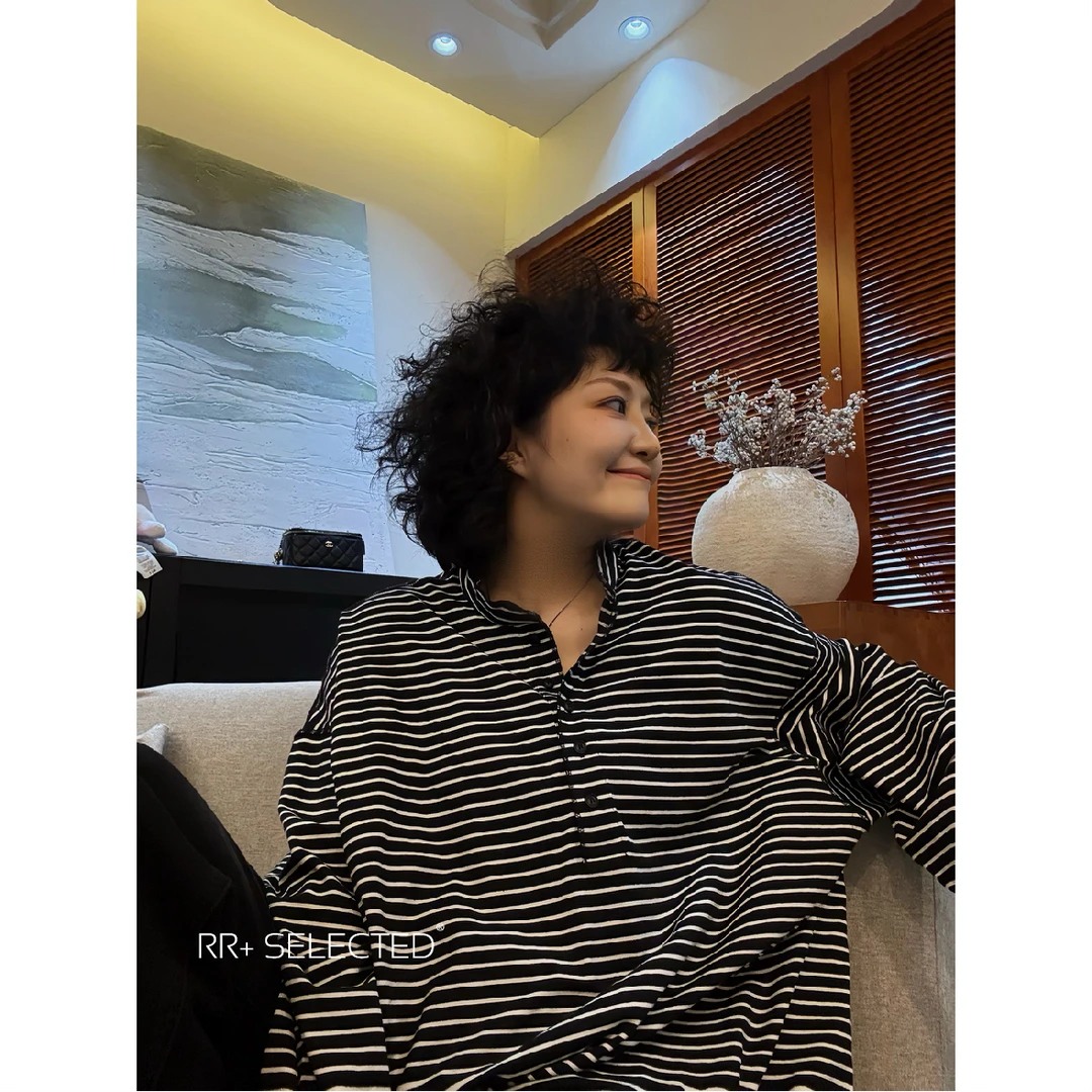 19706简约基础款条纹半开领纽扣长袖T恤女百搭时尚套头上衣