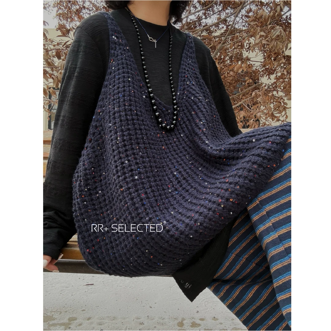 21332韩系百搭慵懒宽松亮片针织马夹叠穿V领钩织保暖上衣