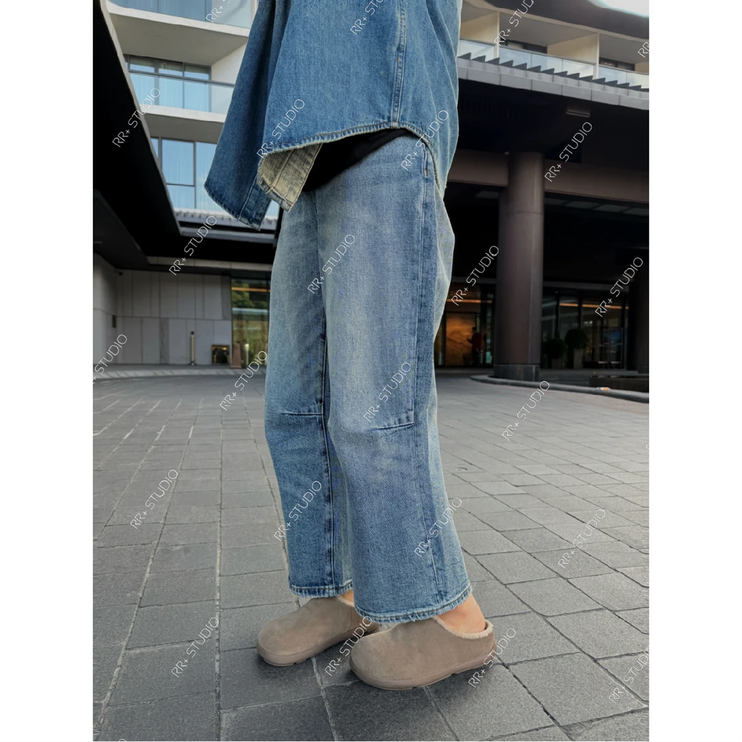 5652美式复古做旧牛仔裤女秋冬新款设计感百搭休闲阔腿裤