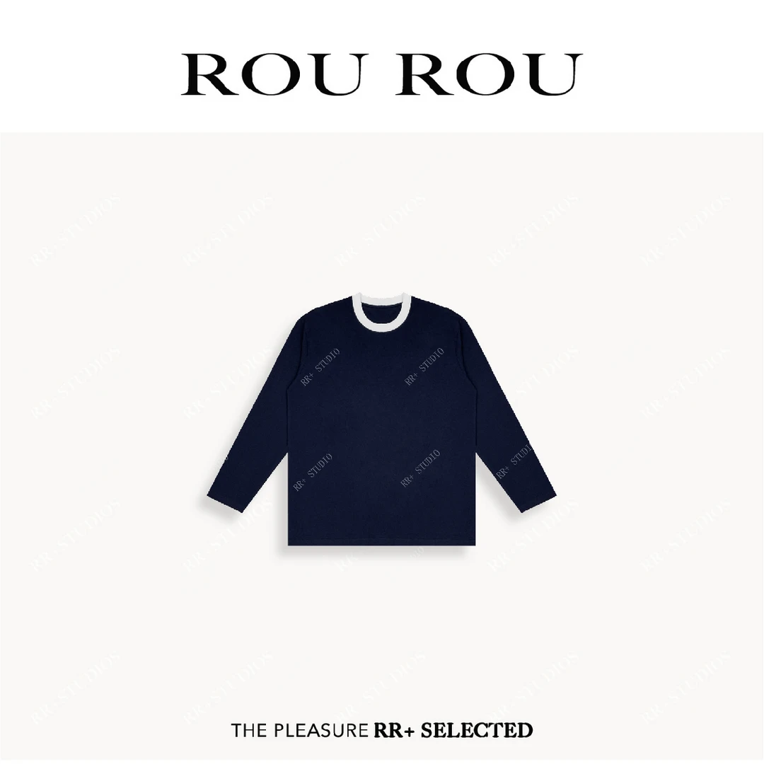 19973简约撞色领口廓形宽松长袖T恤女休闲慵懒圆领上衣