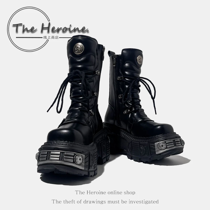 The Heroine 赛博朋克重金属坦克厚底马丁靴女暗黑中筒摇滚机车靴