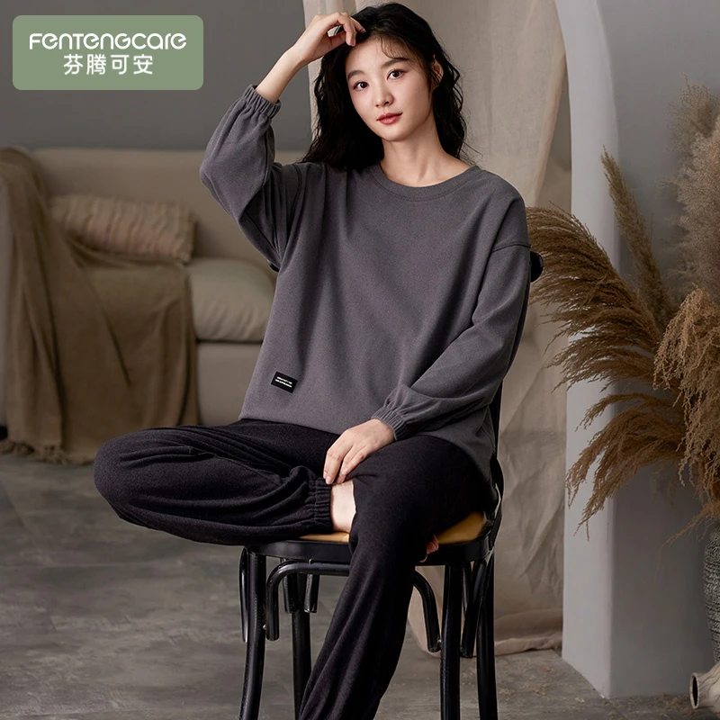 芬腾可安秋冬季双面磨毛德绒睡衣女士出门款春秋天长袖保暖家居服