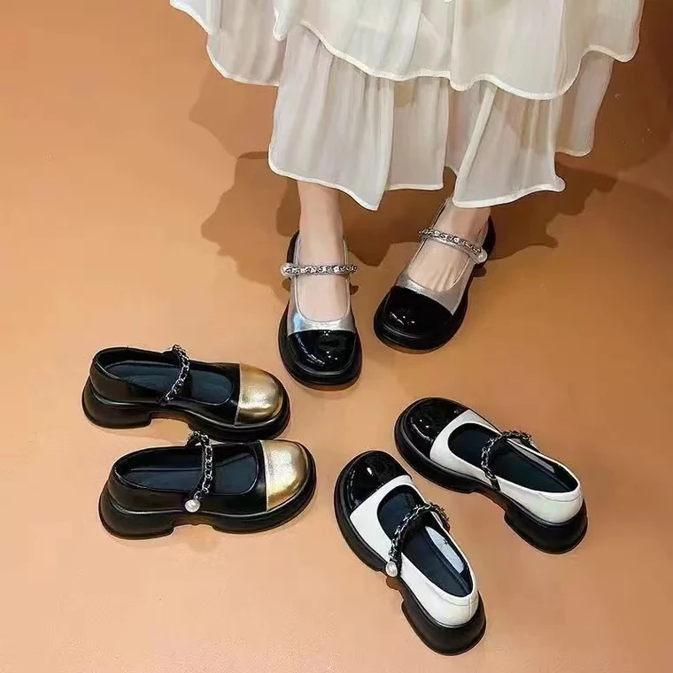 真皮牛皮圆头小皮鞋2025新款百搭玛丽珍鞋女浅口粗跟乐福鞋单鞋子