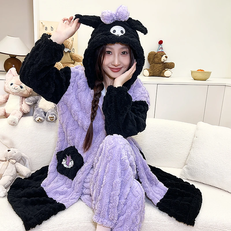 风若姿库洛米家居服睡袍连帽加绒毛绒加厚保暖甜美卡通长毛冬款
