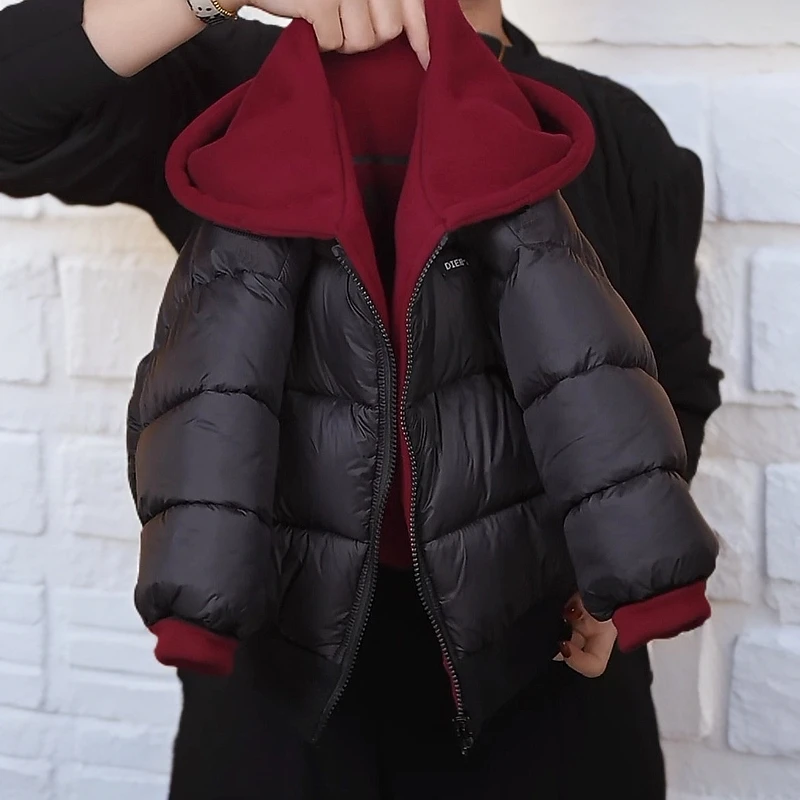 韩版新款儿童棉服男女童棉袄针织卫衣连帽棉衣双面穿童装