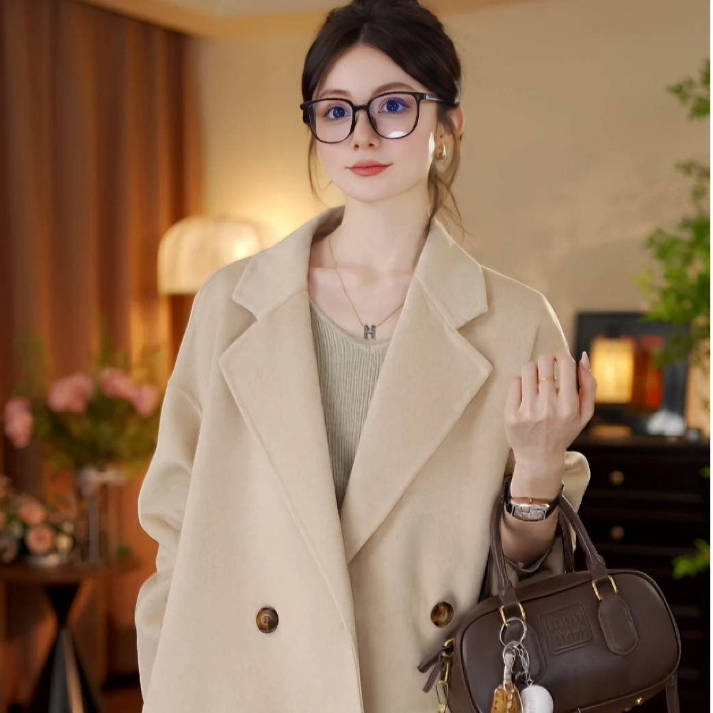 Lu#【月落乌啼】双面羊毛西装领落肩袖四粒扣韩版宽松慵懒风大衣