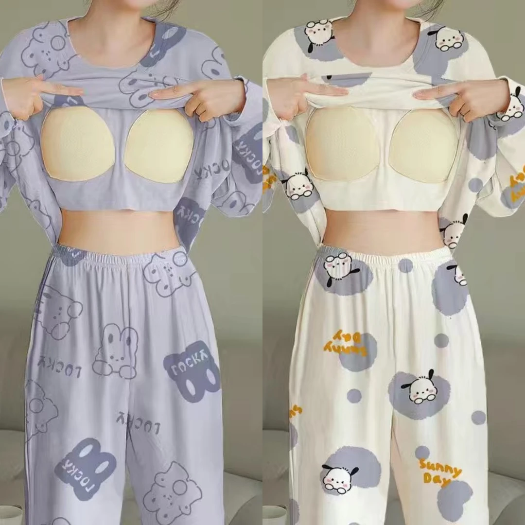 新款长袖睡衣女大码春秋季自带胸垫套装韩版时尚冬天家居服可外穿