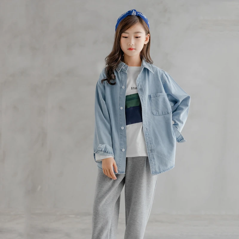 女童牛仔衬衫长袖秋装儿童薄款外套春秋新款洋气百搭中大童休闲潮