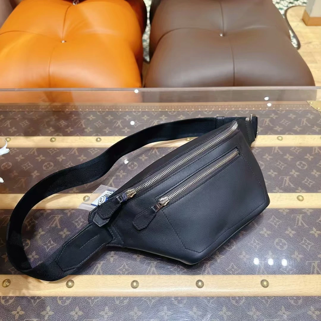 99新 Hermes/爱马仕 0025/Hermes Cityslide黑银腰包S皮