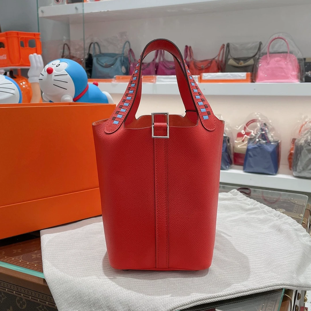 99新 Hermes/爱马仕 0306/水桶18 限量编织鲨鱼手柄/D5天竺葵红