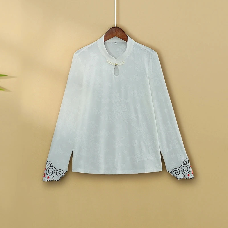 【舒芸】2024新款秋季国风打底上衣新中式国风立领绣花长袖T恤衫女