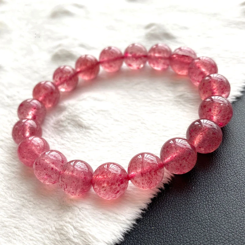 【配证书】天然草莓晶单圈圆珠时尚粉红闺蜜石英岩玉手串女款