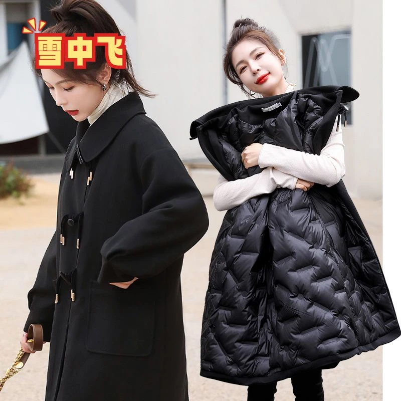 雪中飞毛呢大衣羽绒服外套女2022年新款冬季长款牛角扣学院风小个