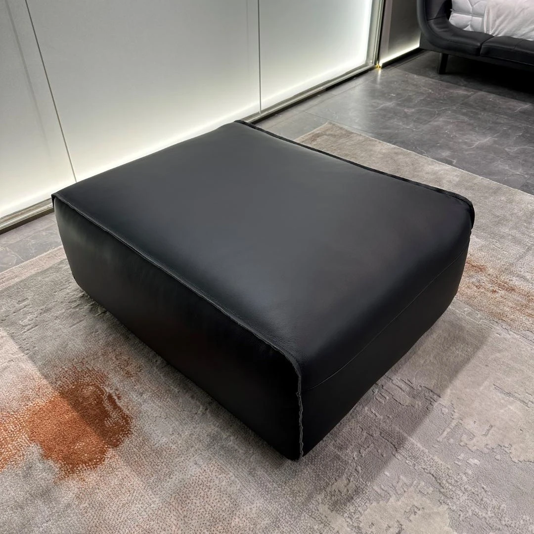 意式极简大黑牛沙发全真皮脚踏搁脚凳皮凳客厅家用成人方形鞋凳