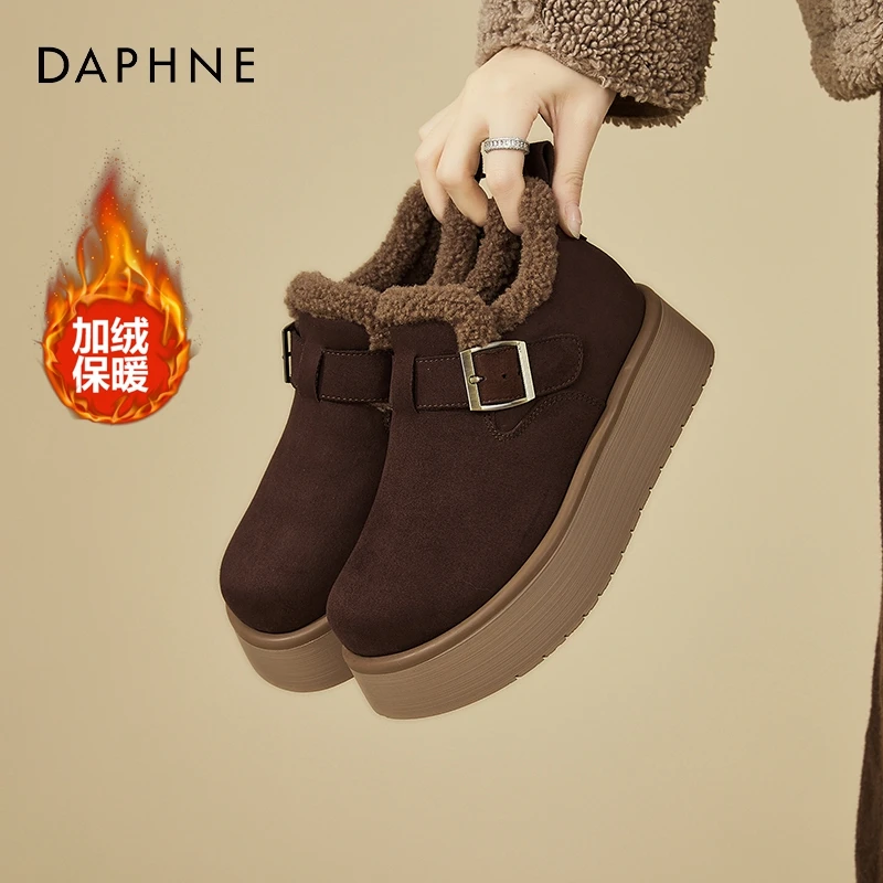 达芙妮复古加绒勃肯鞋女春季保暖加厚懒人一脚蹬乐福鞋小众毛毛鞋