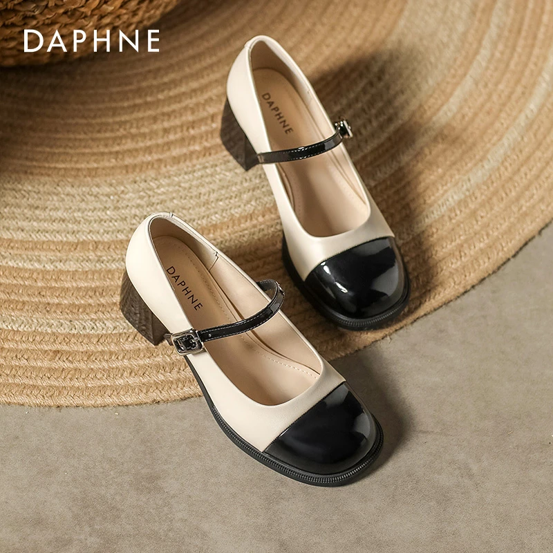 达芙妮法式一字带粗跟高跟鞋2025春季温柔单鞋复古小香风玛丽珍鞋