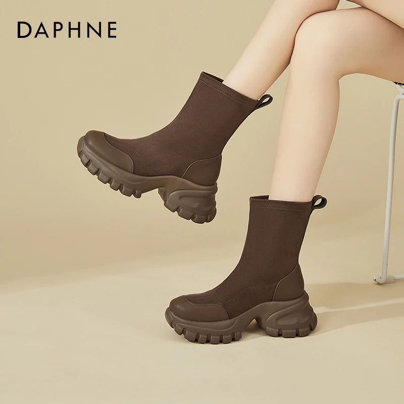 达芙妮厚底袜靴女2025新款春季单靴小个子弹力靴显瘦增高马丁短靴