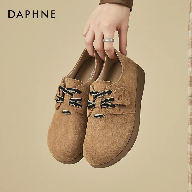 达芙妮复古休闲勃肯鞋春季新款软底百搭圆头单鞋女款真皮乐福鞋子