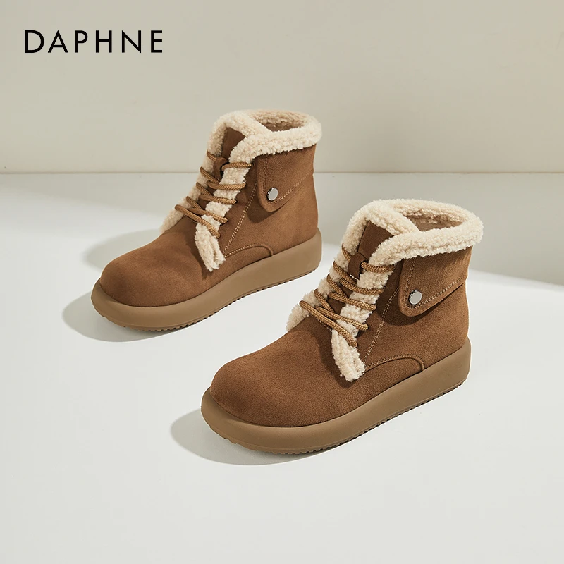 达芙妮女鞋春季新款复古棕色马丁靴加绒保暖舒适勃肯短靴时尚棉靴