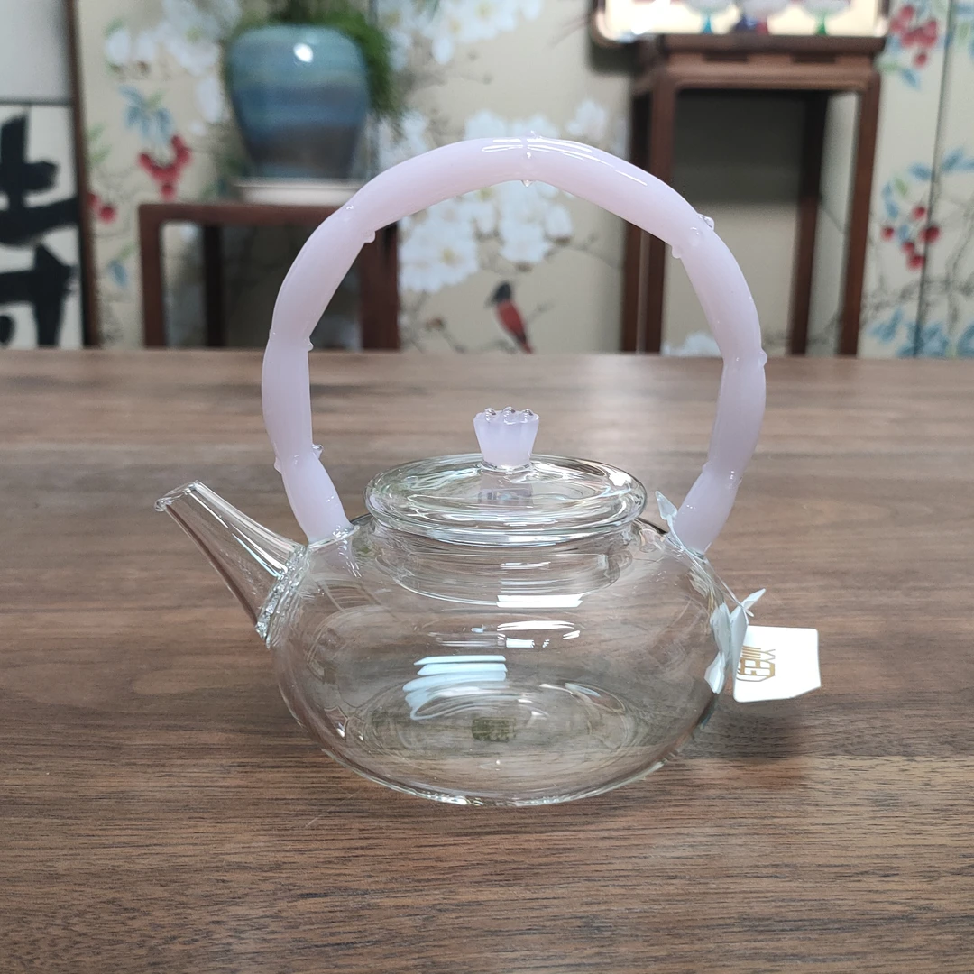 【莲藕粉玻璃提梁壶】玻璃茶壶茶器茶具
