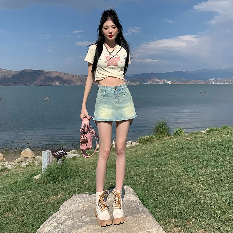新款牛仔短裙复古牛仔半身裙A字半身裙小个子短裙包臀牛仔裙裙子