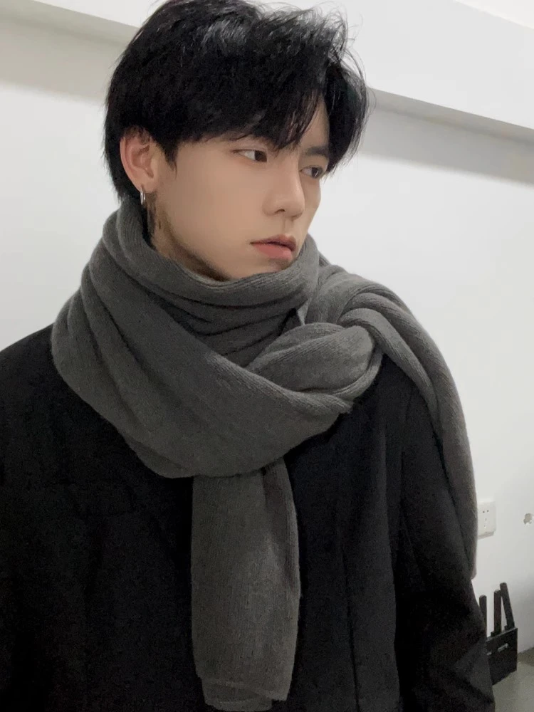 韩版纯色针织毛线围巾男款秋冬加厚保暖学生情侣围脖男百搭披肩潮