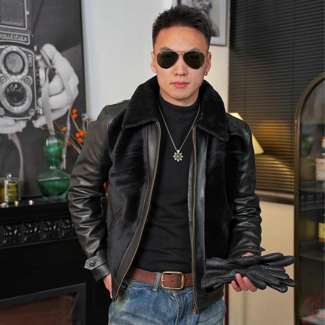 特叔皮衣保暖抗寒经典皮毛一体真皮黑色秋冬加绒保暖硬汉男士穿搭