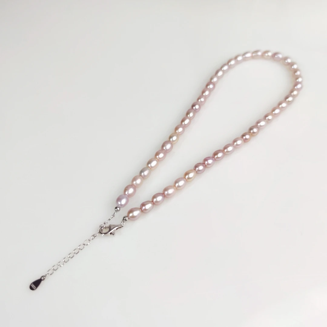 6mm天然淡水无核珍珠紫色气质米形S925银珍珠项链0652