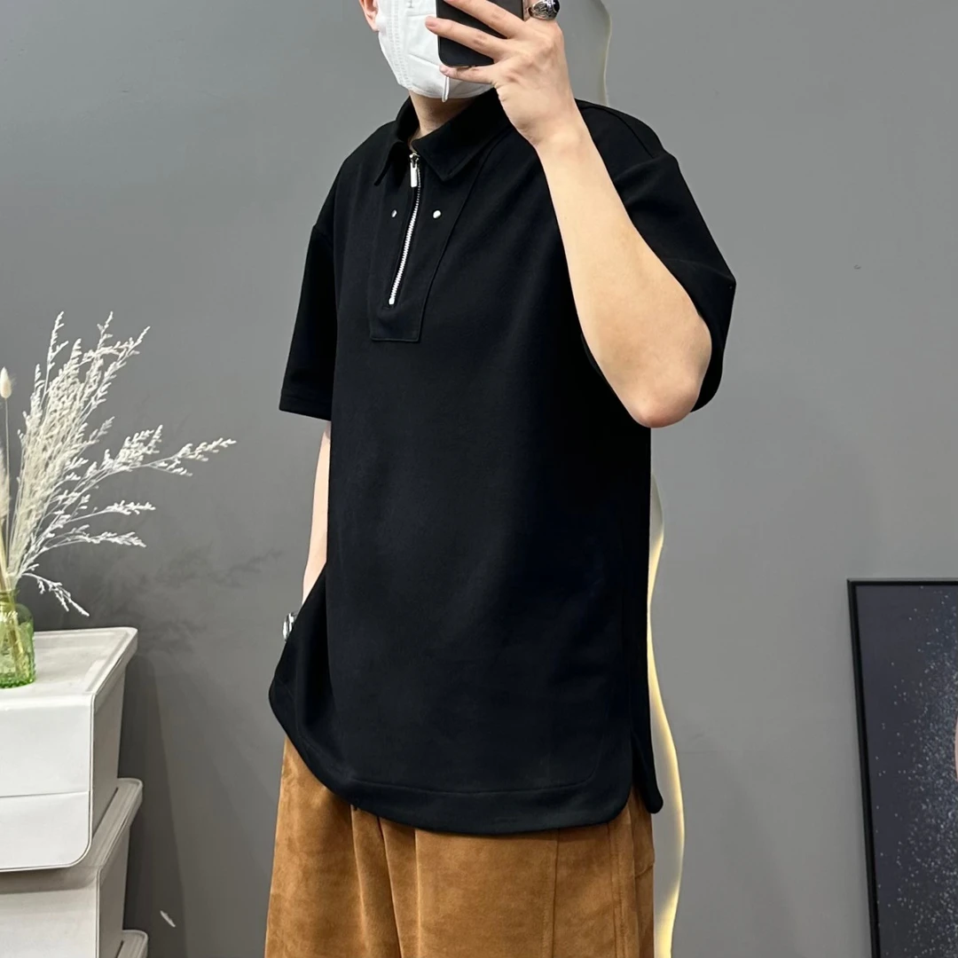 透气珠地空气层半拉链POLO衫翻领T恤短袖夏季休闲潮流纯色宽松