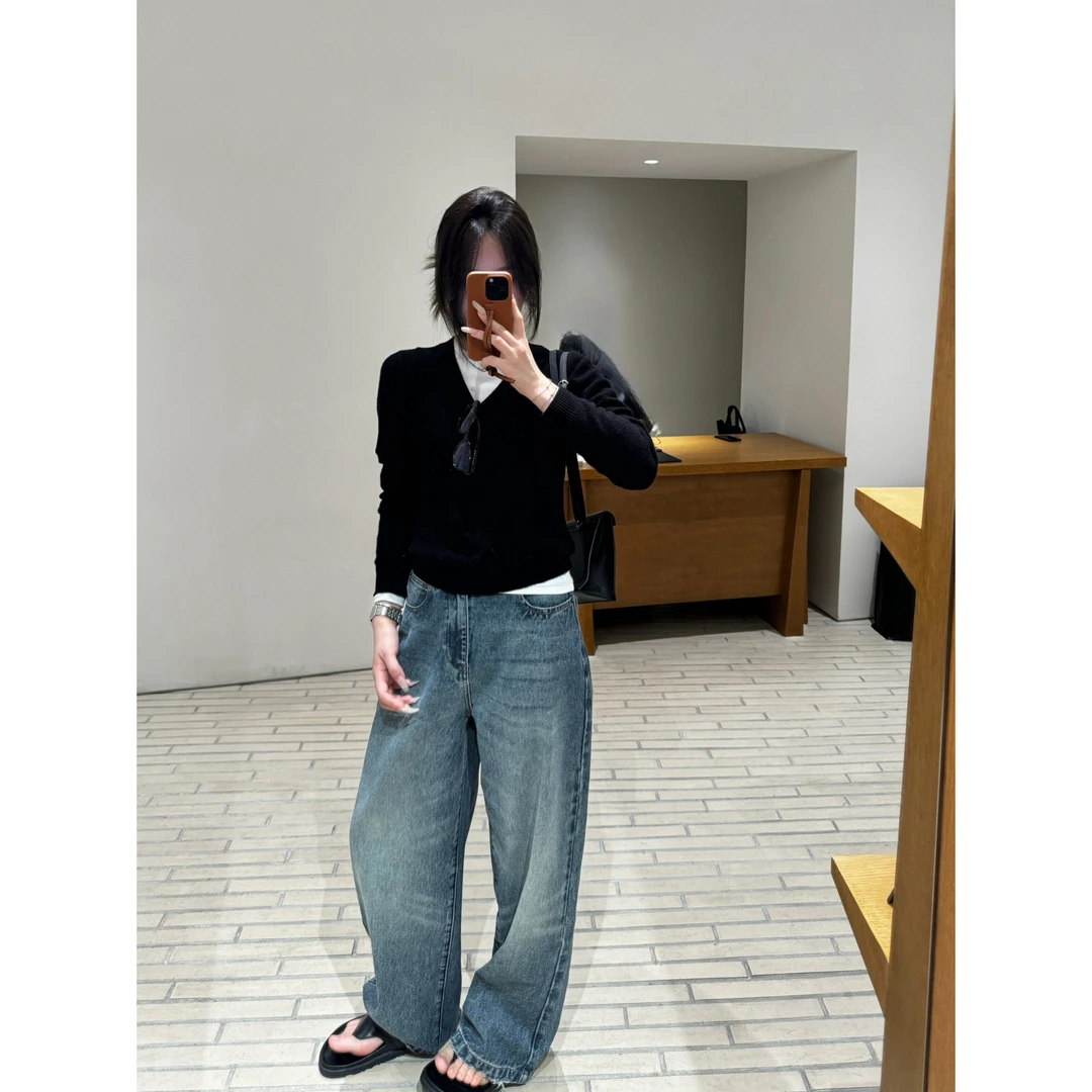 SEVEN也水洗蓝牛仔裤中腰宽松休闲显瘦设计师女百搭 拖地直筒裤子