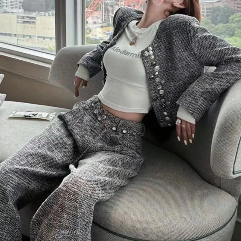 春秋设计感女装重工扣子粗花呢小香风外套休闲阔腿长裤套装气质款