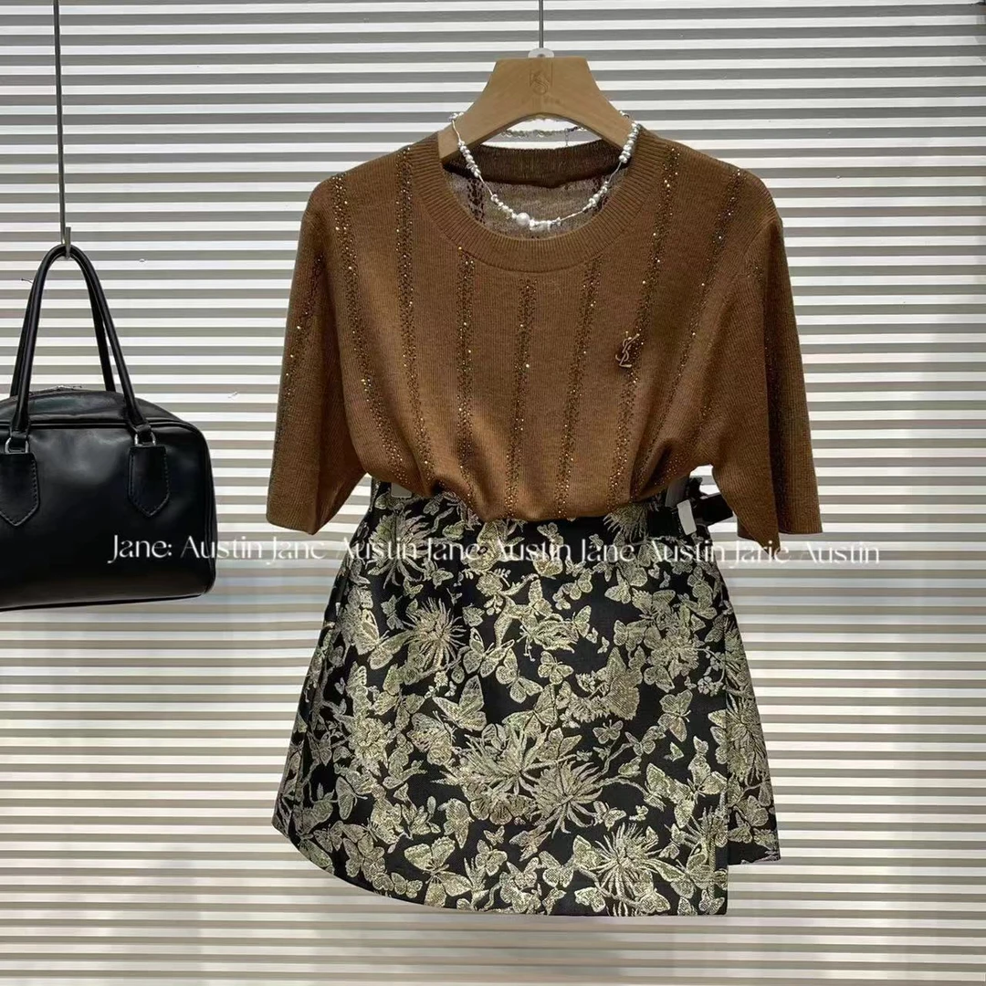 Jane Austin •（杨树林）轻奢重工设计师前后满钻针织短袖灰色