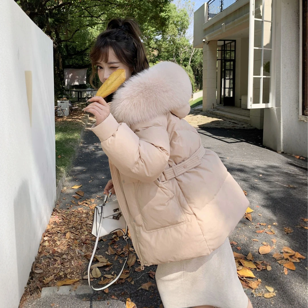 气质大毛领腰带常规款棉服女2024冬季新款收腰显瘦加厚甜美外套