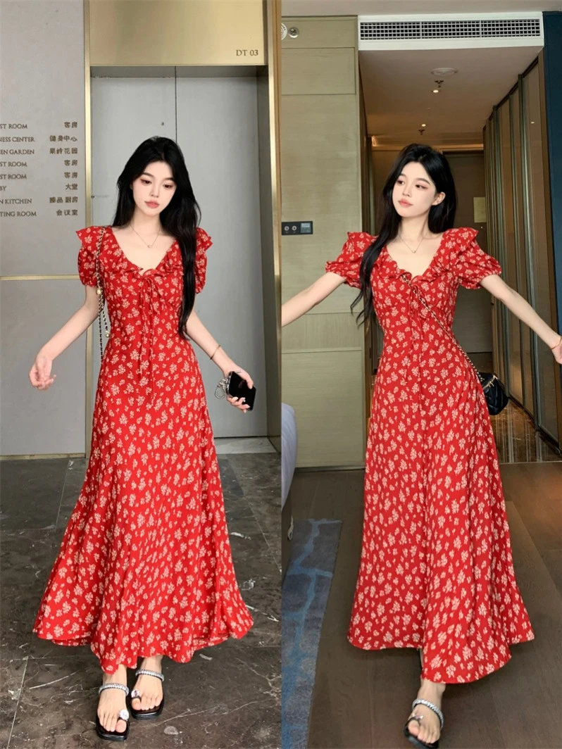 大码女装夏新款法式时尚气质收腰显瘦红色碎花中长款连衣裙女