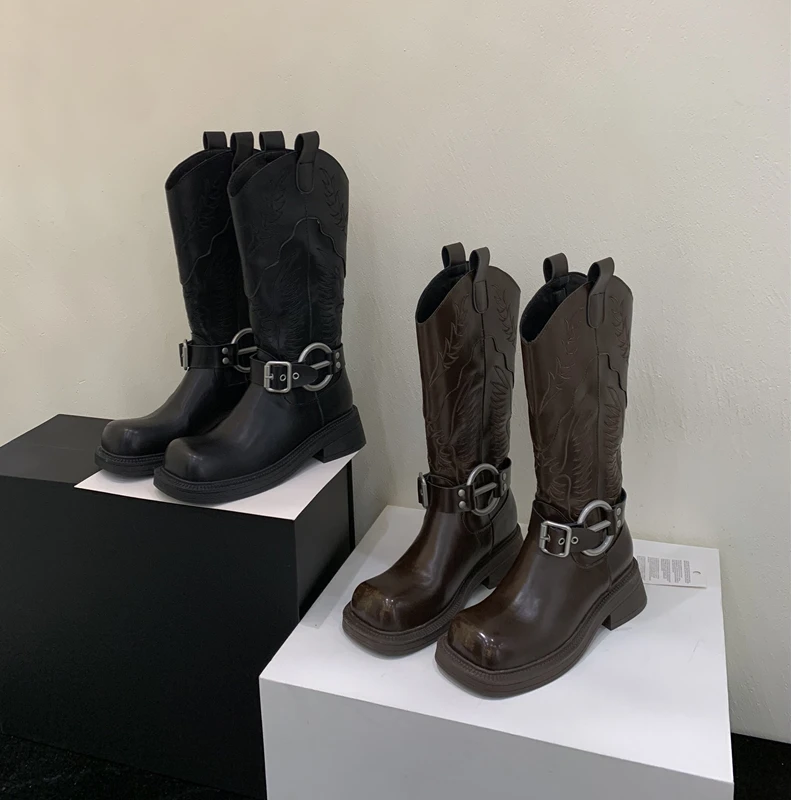 【Ali Lovers】粗跟擦色2024秋冬新款中筒西部牛仔骑士靴