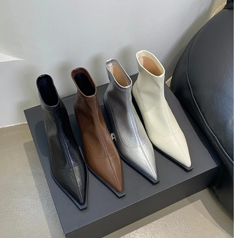 【Ali Lovers】法式尖头短靴2024年秋冬新款粗跟弹力瘦瘦时装靴