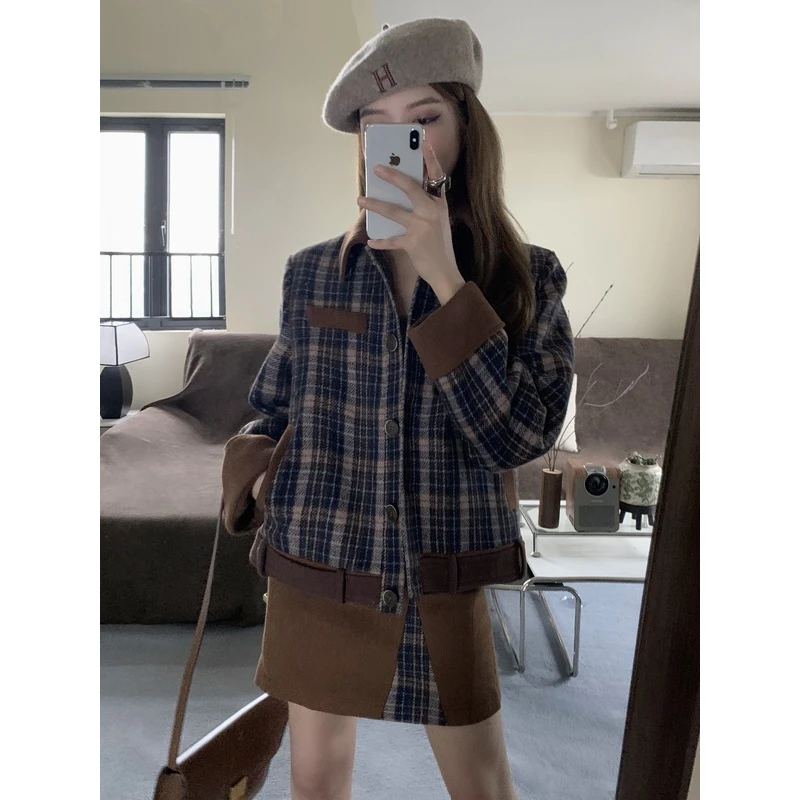 松未韵一 格纹拼接套装女设计感百搭半身裙夹棉短款外套