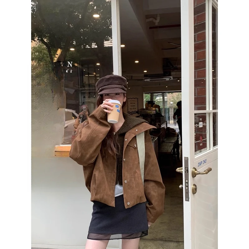 soolrok 松未韵一 美式质感雾面皮外套秋冬翻褶领宽松外穿上衣