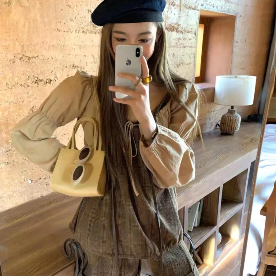 soolrok 松未韵一 百搭泡泡袖吊带套装小众开衫肌理感吊带两件套