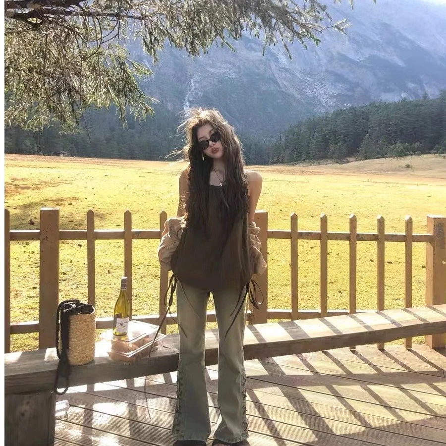 soolrok 松未韵一  复古绿辣妹牛仔喇叭裤百搭设计感高腰显瘦长裤