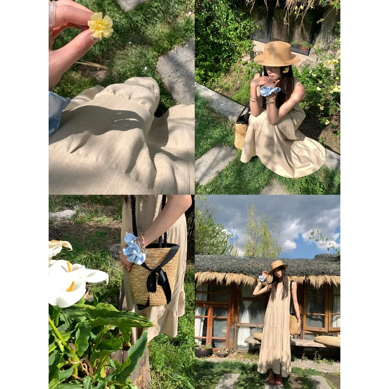 青soolrok 松未韵一 布拉斯艺术生 亚麻拼接吊带连衣裙休闲长裙