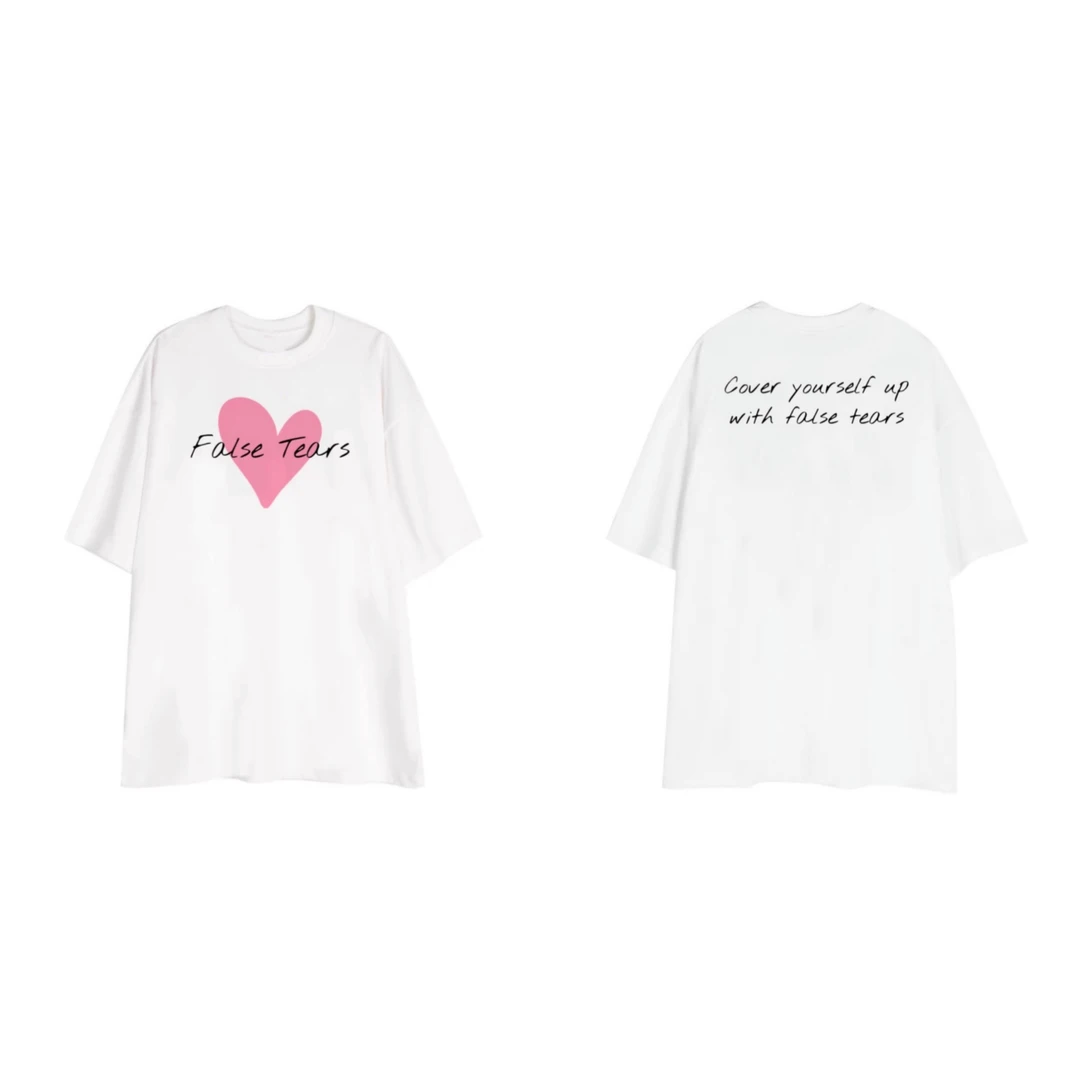 FALSETEARS美式夏季白色字母印花日常情侣休闲宽松圆领纯棉短袖