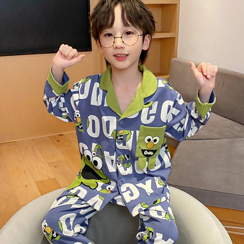春秋季儿童睡衣小男孩纯棉薄款家居服长袖青少年芝麻街卡通空调服