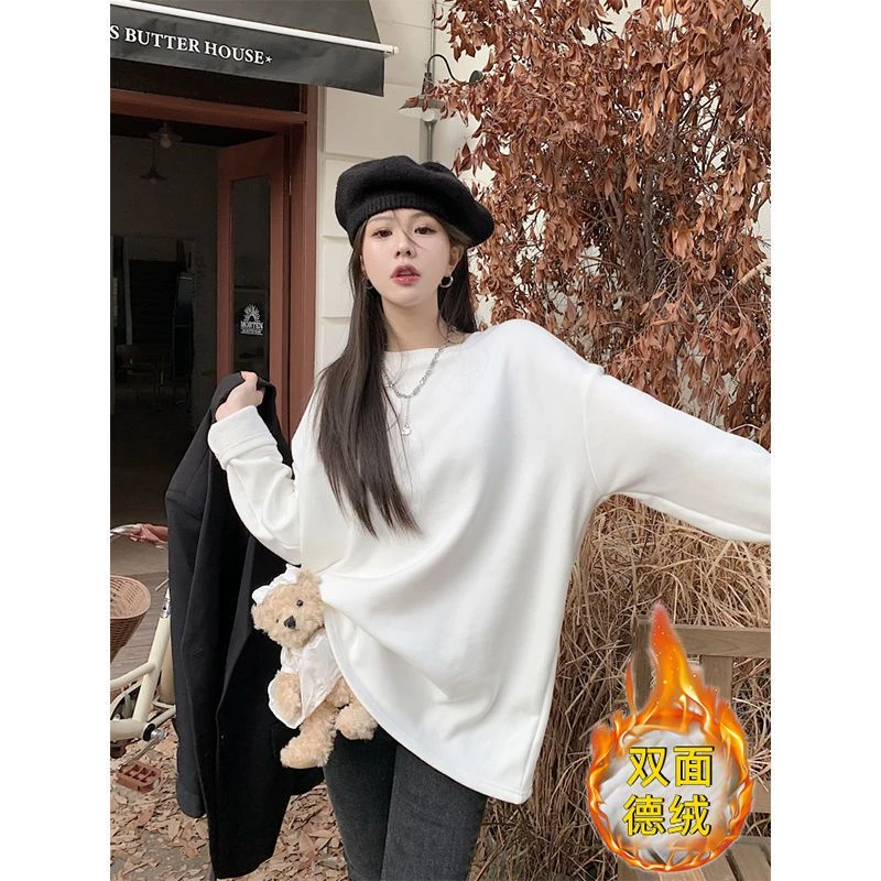 双面德绒打底衫女圆领白色加绒加厚2025秋冬保暖宽松磨毛打底衫女