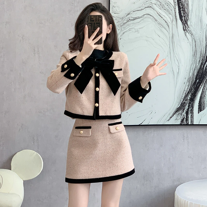 高级感小香风套装裙女秋冬洋气时尚气质加棉外套搭配半身裙两件套