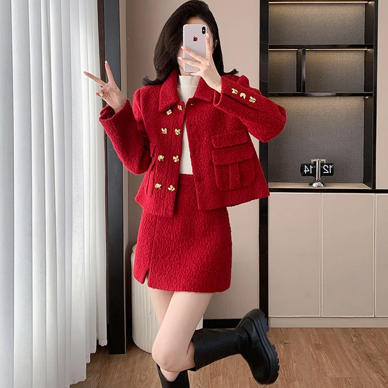 2024秋季新款高级感双排扣时尚显瘦小香风外套气质包臂短裙套装女