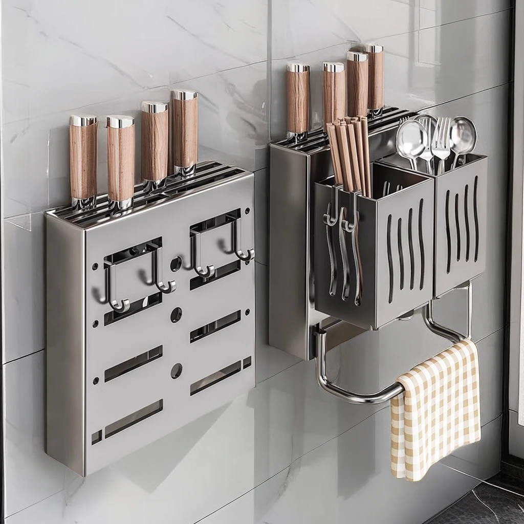 厨房家用筷子筒刀架一体式收纳架多功能壁挂式筷子勺子餐具置物架