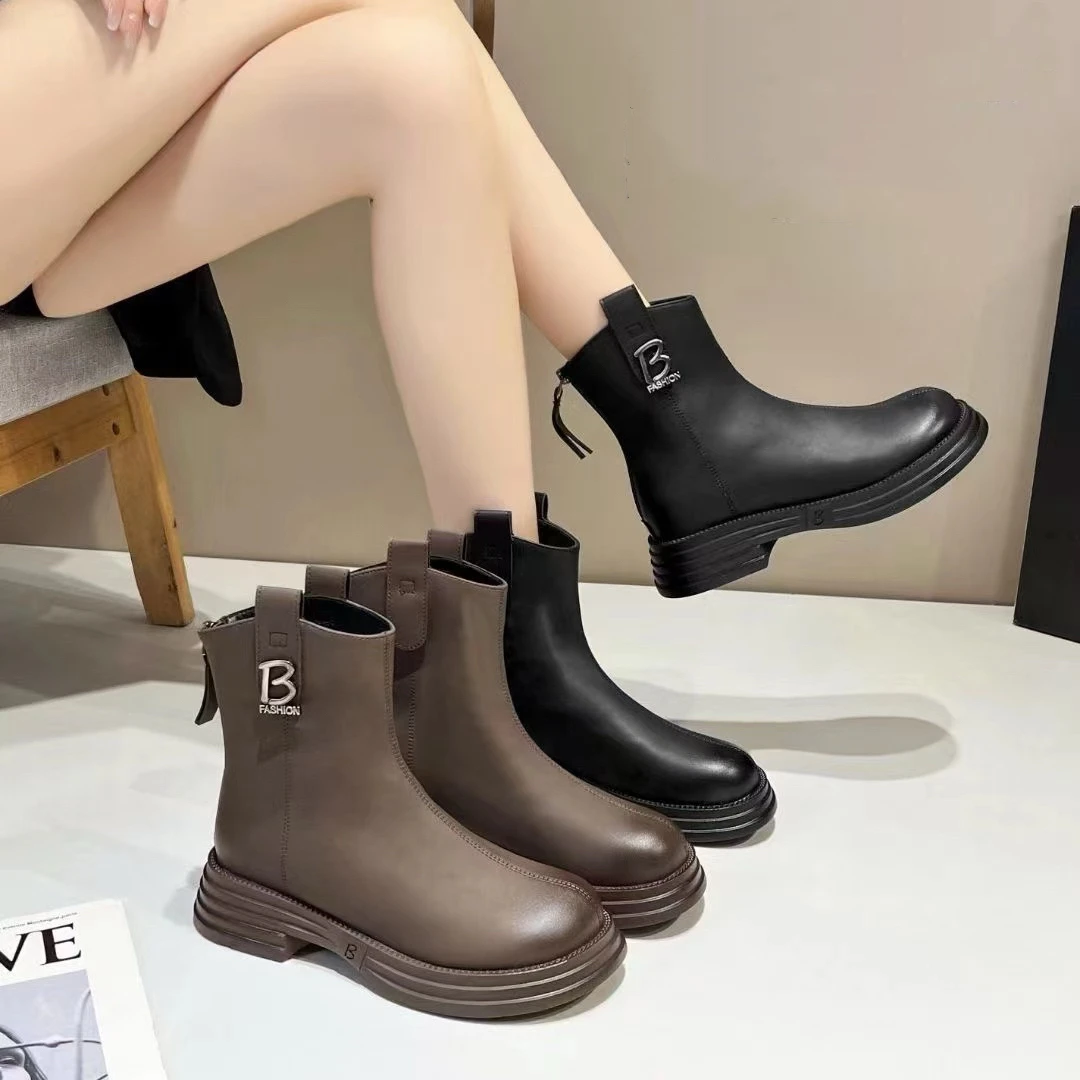 皮面后拉链短靴2024新款后拉链百搭显瘦皮面时装靴短靴 8885