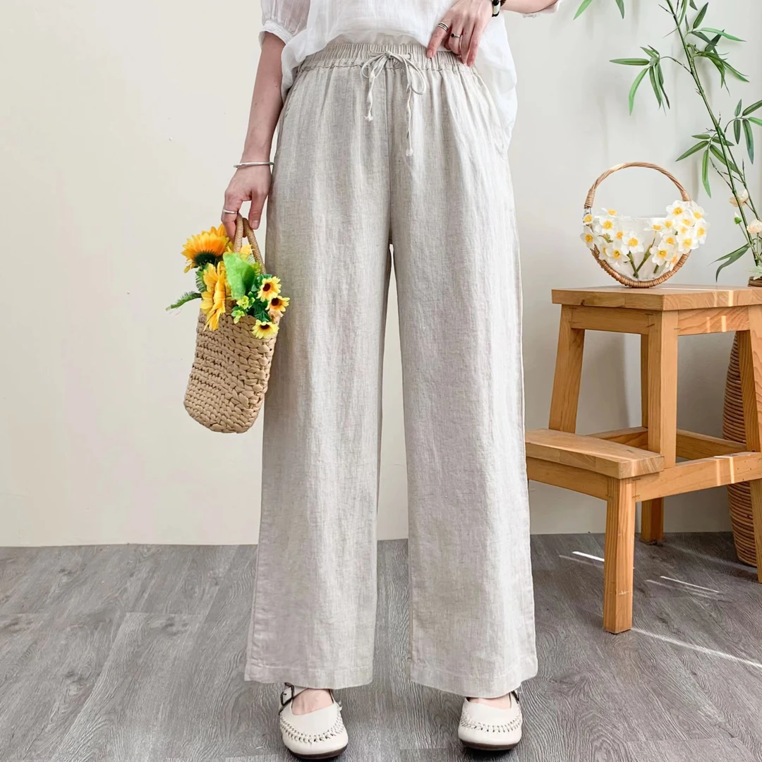 亚麻阔腿裤女装复古文艺抽绳松紧腰宽松显瘦百搭休闲裤2025春夏