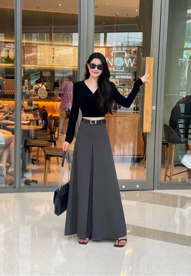 秋款高腰显瘦A字西装开叉半身长裙